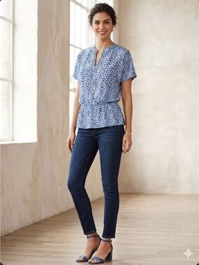 MICHAEL Michael Kors Blue Patterned Short Sleeve Drawstring Top